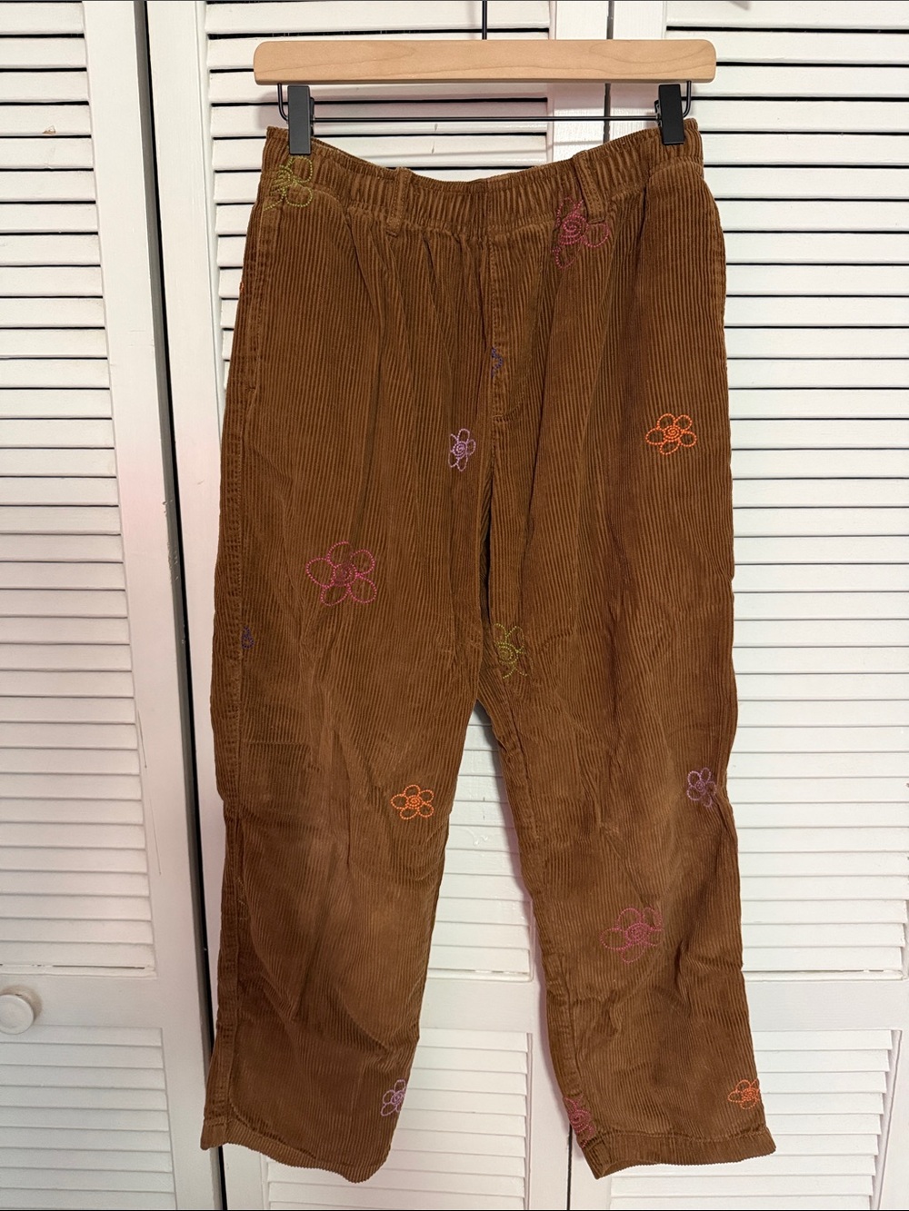 Urban Outfitters Men's Brown Corduroy Pants with Multicolor Floral Embroidery